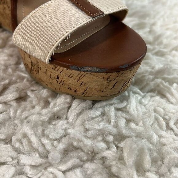 Steve Madden Selinah Cork Wedge Heels Open Toe Elastic Straps Beige Size 7.5 - Picture 9 of 11